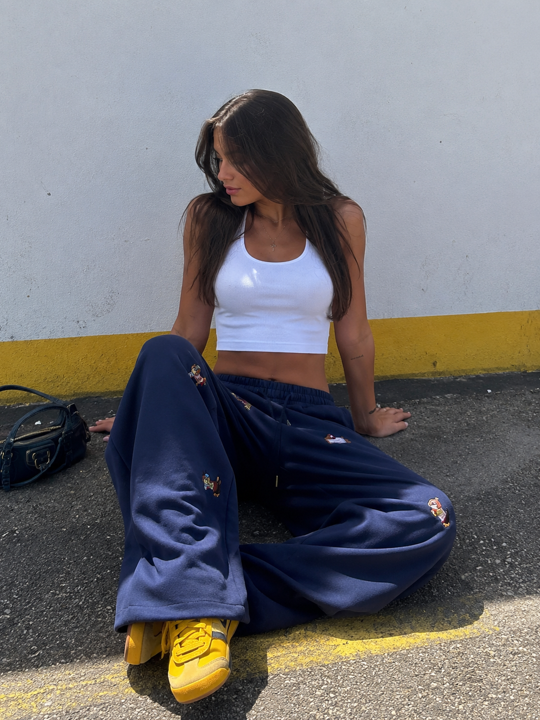 MEZOCLO™ Lazy Dog Sweatpants in Gray — streetwear outfit, side view